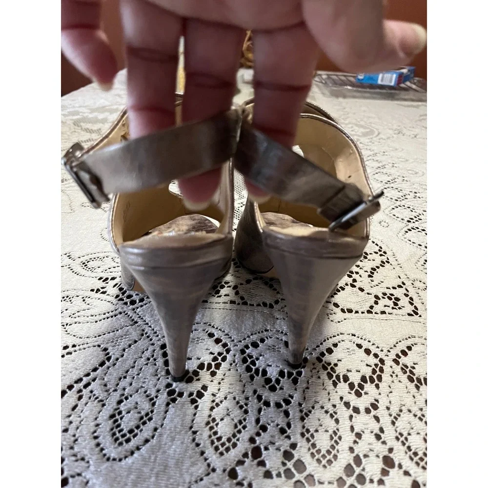 Vince Camuto Metallic Bronze Peep Toe Slingback Booties Lizard Embossed Heels 8M